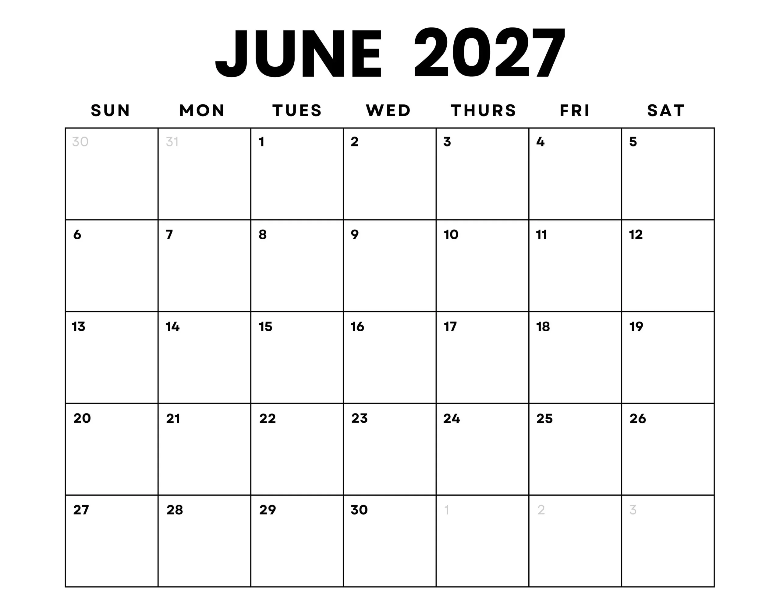 June 2027 Monthly Calendar Printable