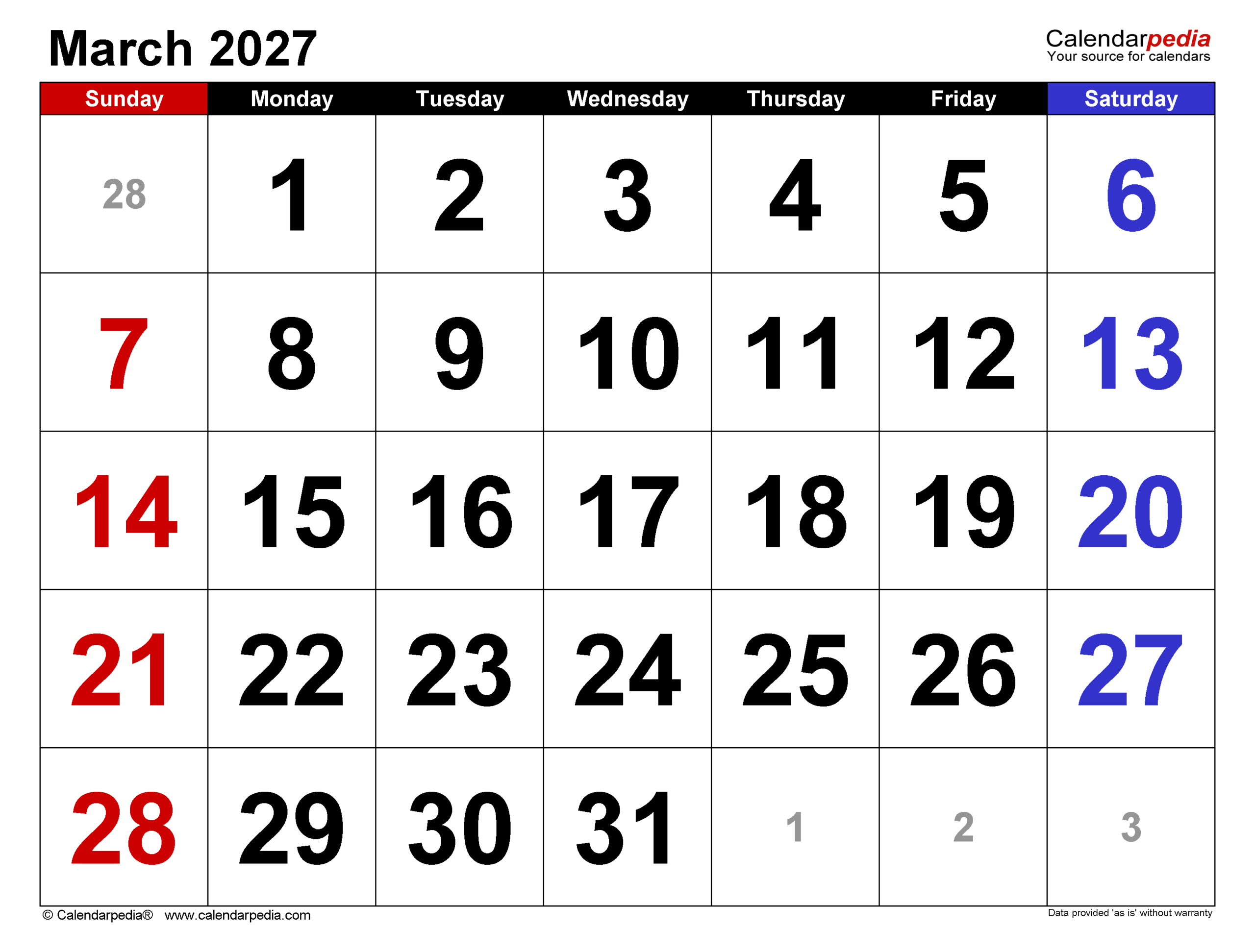 March 2027 Calendar Pdf Templates