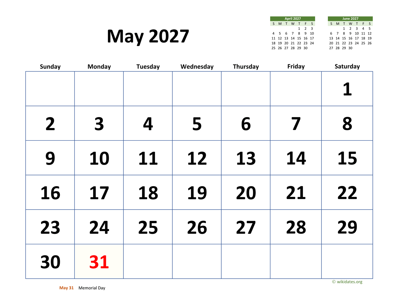 May 2027 Calendar Large Dates