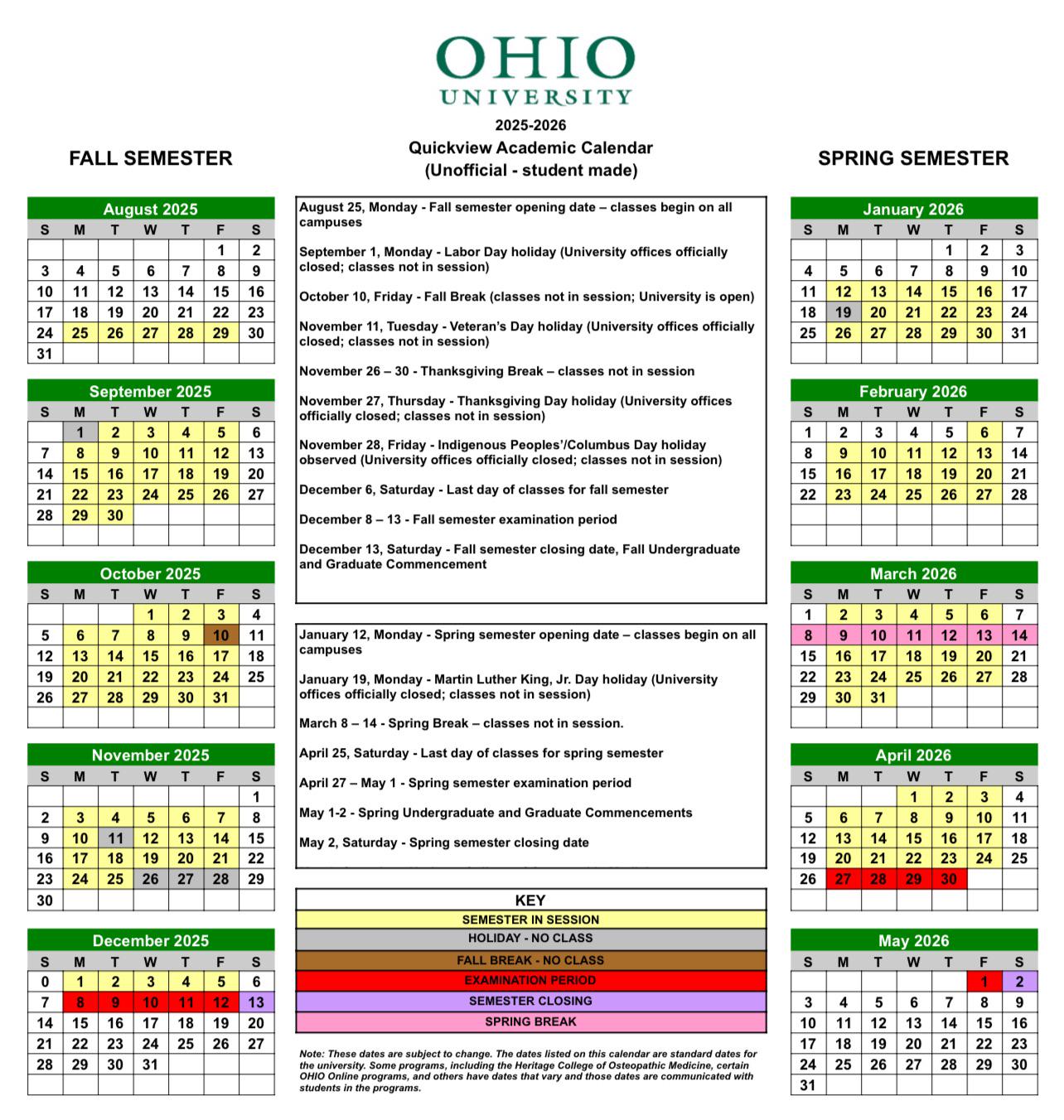 Ohio University Quickview Academic Calendar