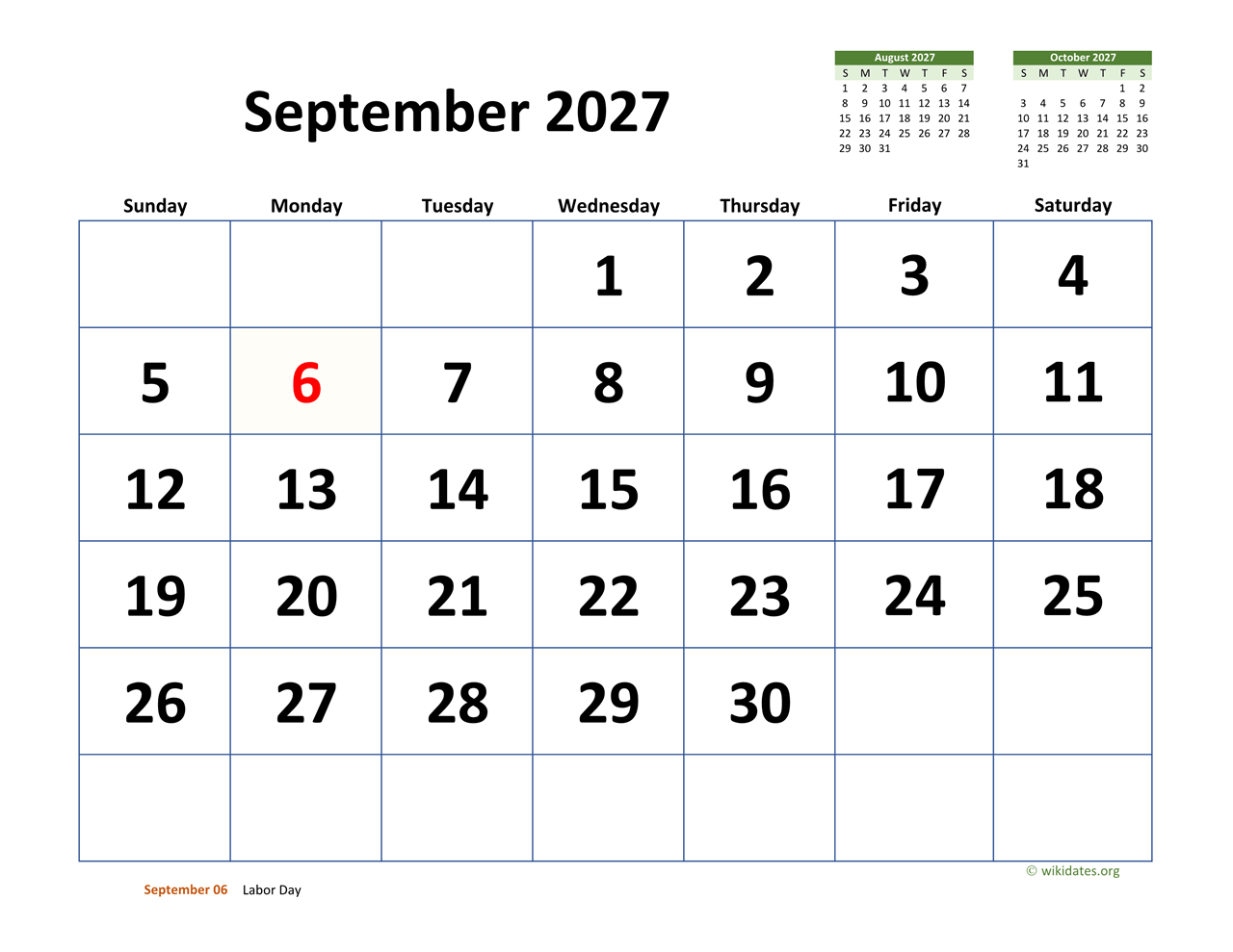 September 2027 Calendar Large Dates