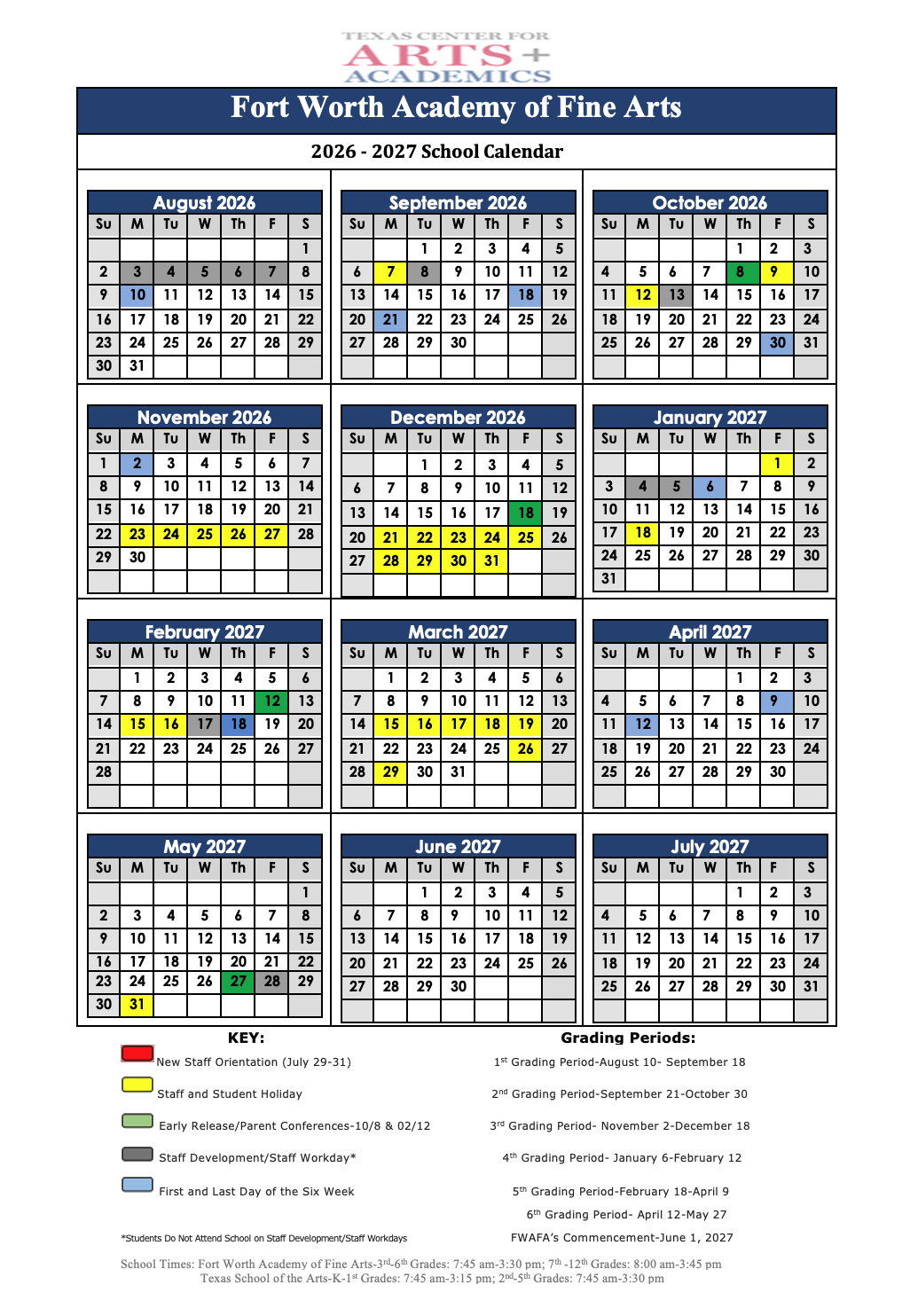 Tcaa 2026 2027 Academic Calendar