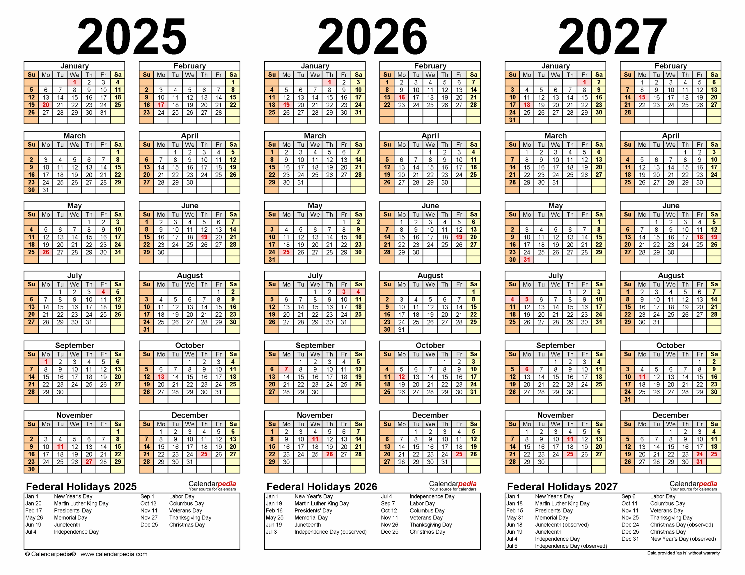 Three Year 2025 2026 2027 Calendar Pdf Templates