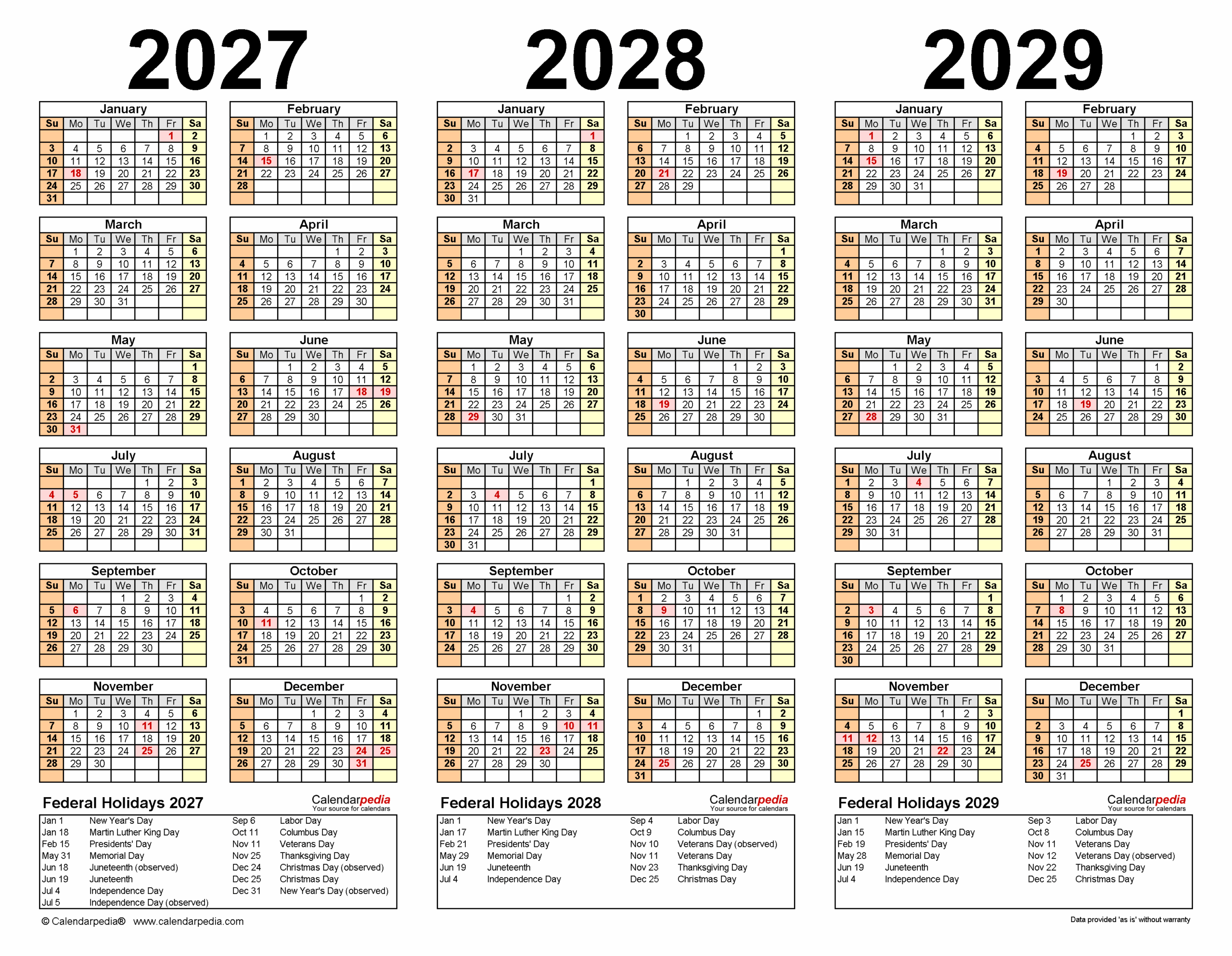 Three Year 2027 2028 2029 Calendar Pdf Templates