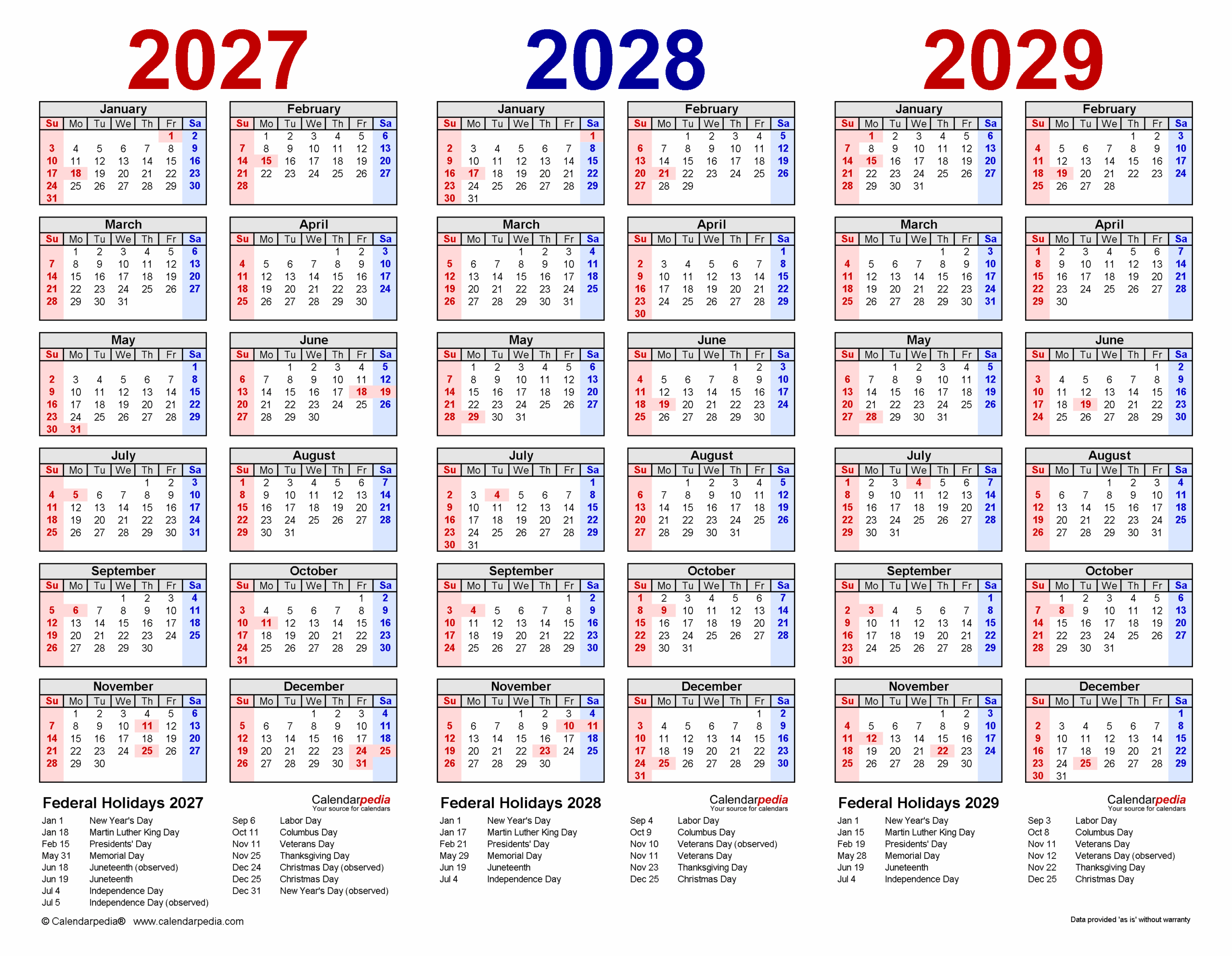 Three Year 2027 2028 2029 Calendar Pdf Templates