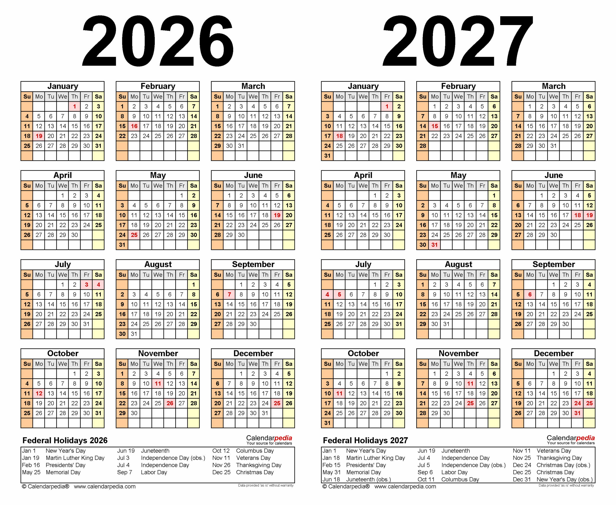 Two Year 2026 2027 Calendar Pdf Templates