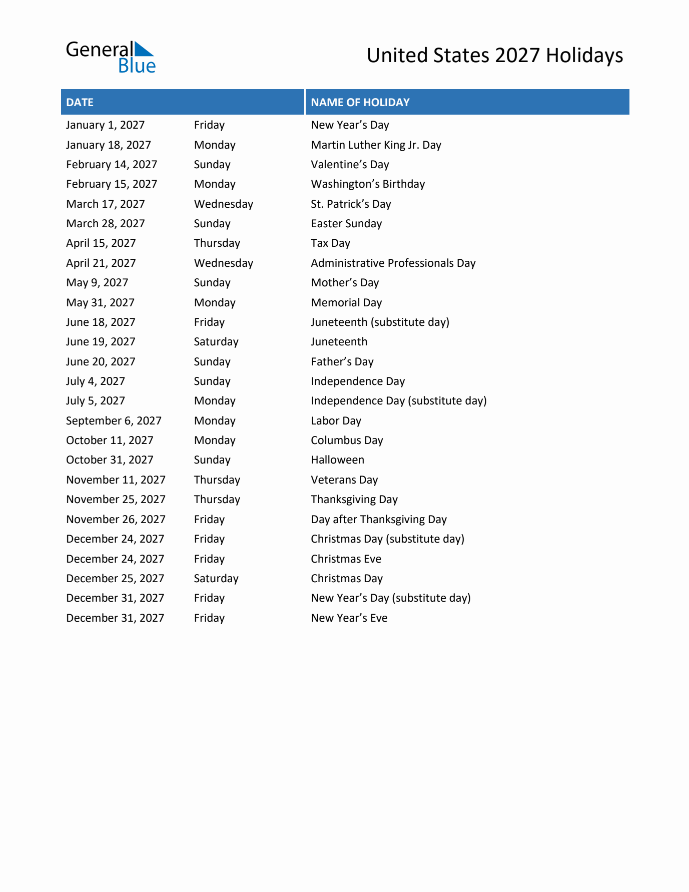 Us Holidays 2027